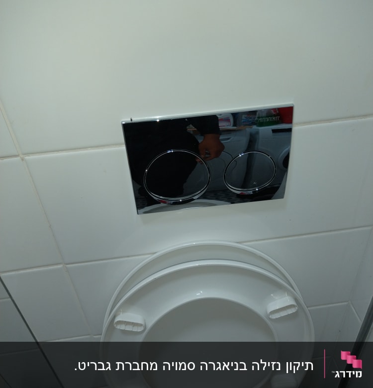 לחצן הדחה כפול מעל אסלה בחדר אמבטיה